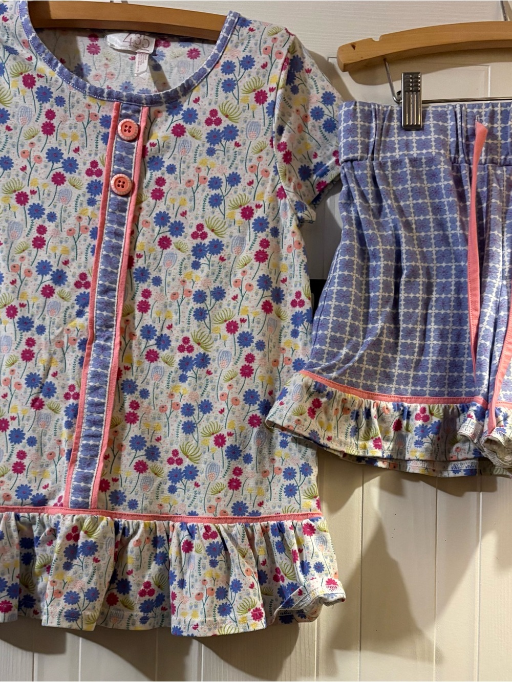 Matilda Jane Floral Top and Blue Check Shorts Pajama Set - Pink, Blue, White